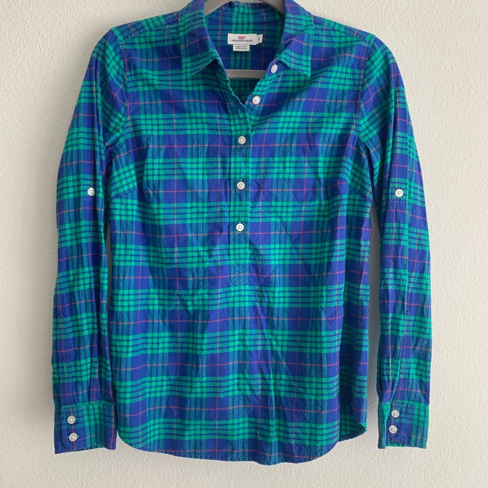 NWOT Vineyard Vines Blue Green Plaid Shirt Size 6